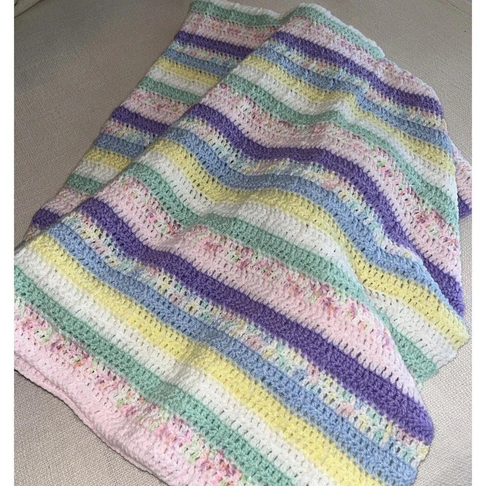 Handmade LG Baby Crochet Blanket Afghan Superwash Rainbow Stripe 50